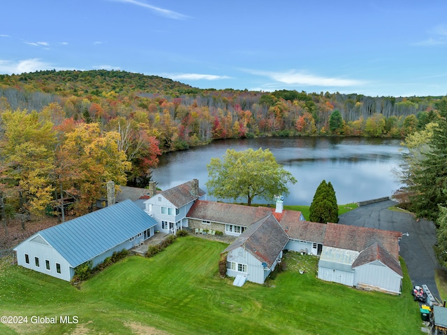 drone / aerial view with a water view