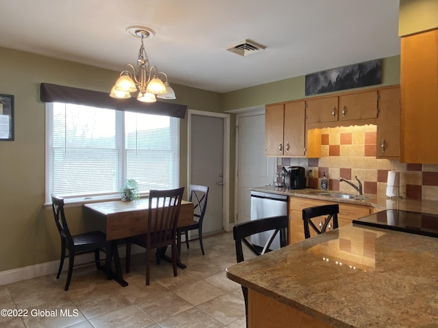 kitchen featuring hanging light fixtures, decorative backsplash, dishwasher, sink, and a notable chandelier