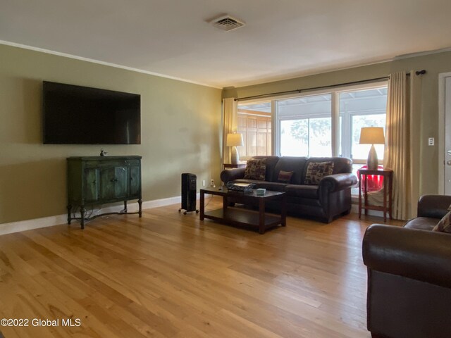 living room with light wood-type flooring and crown molding