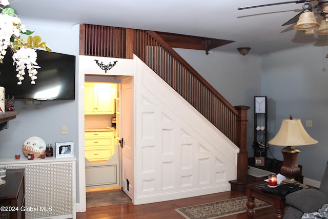 stairs with ceiling fan and dark wood-type flooring