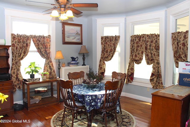 dining space with ceiling fan, dark wood-type flooring, and a wealth of natural light