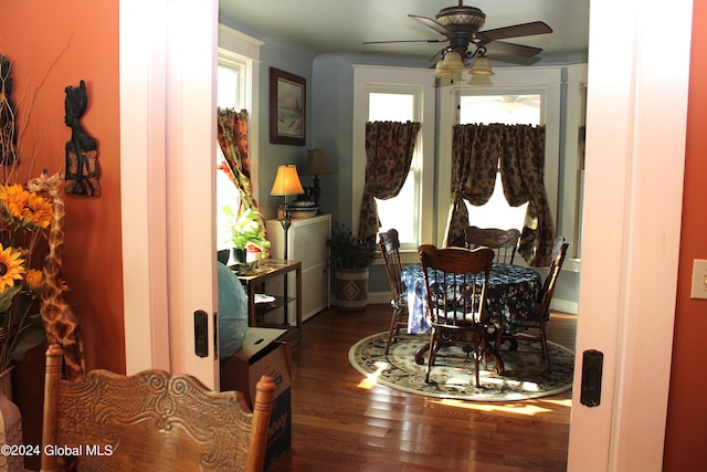 dining area featuring ceiling fan and dark wood-type flooring