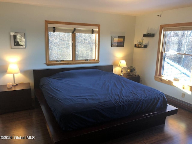 bedroom with multiple windows and dark hardwood / wood-style flooring