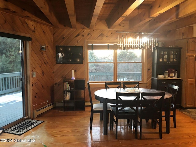 dining area featuring a chandelier, beam ceiling, and wooden walls