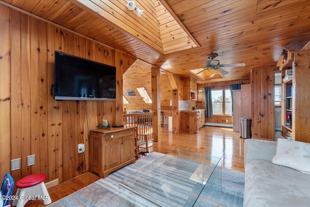 living room featuring light hardwood / wood-style floors, wooden ceiling, ceiling fan, and wood walls