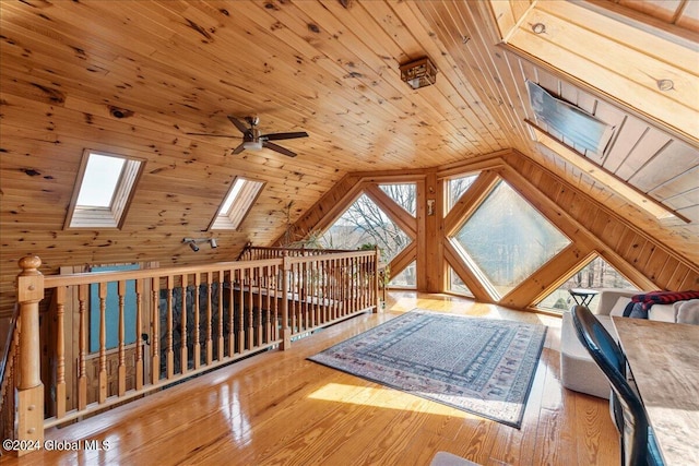 bonus room featuring ceiling fan, light wood-type flooring, wooden ceiling, and lofted ceiling with skylight