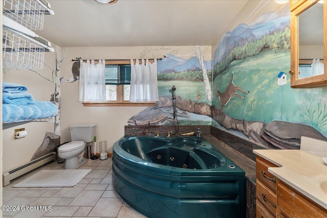 bathroom featuring baseboard heating, tile flooring, toilet, and vanity