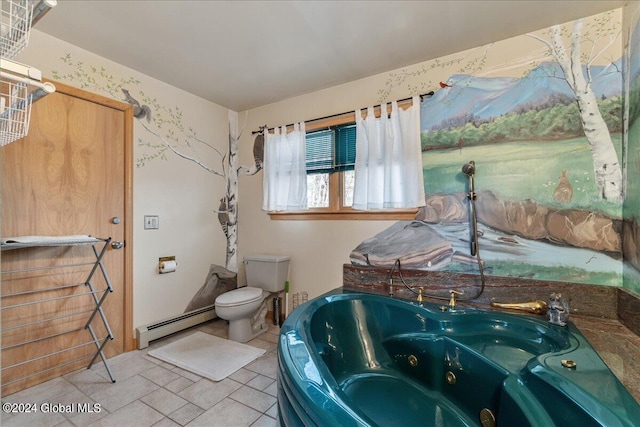 bathroom with tile floors, a baseboard heating unit, and toilet