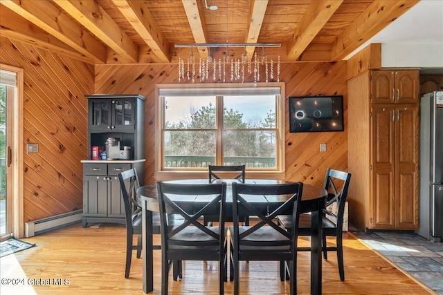 dining area featuring wood walls, beam ceiling, wood ceiling, and a baseboard heating unit