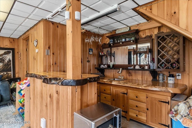 bar featuring wood walls, sink, and a paneled ceiling