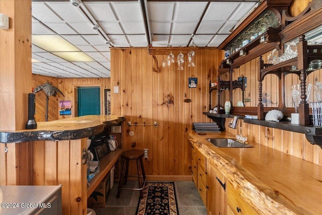 interior space with wooden walls, dark tile flooring, and sink