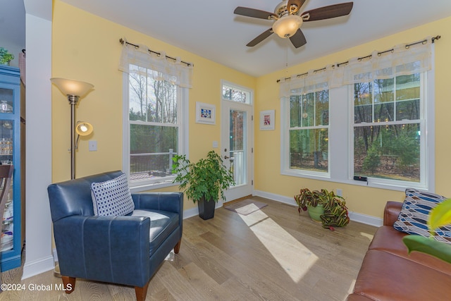 living area featuring a ceiling fan, baseboards, and wood finished floors