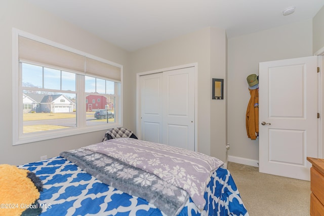 bedroom with baseboards, a closet, and carpet floors