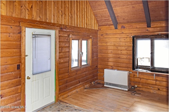 entrance foyer featuring wood ceiling, vaulted ceiling with beams, light wood-type flooring, and log walls