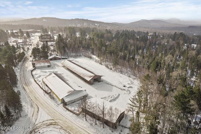 snowy aerial view featuring a mountain view