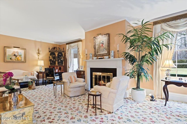 living room with a healthy amount of sunlight and crown molding