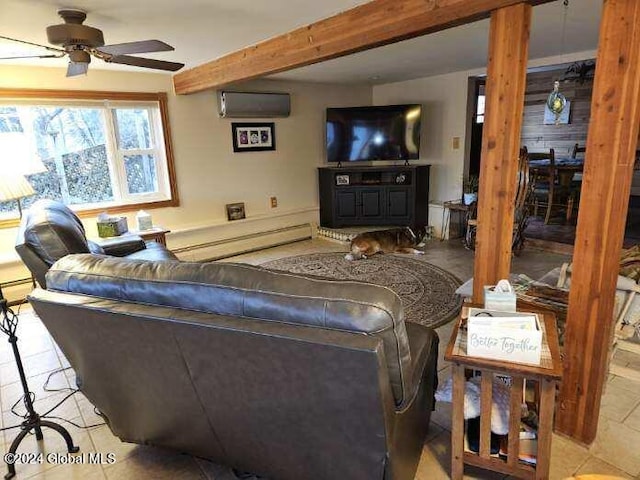 tiled living room with an AC wall unit, baseboard heating, ceiling fan, and beamed ceiling