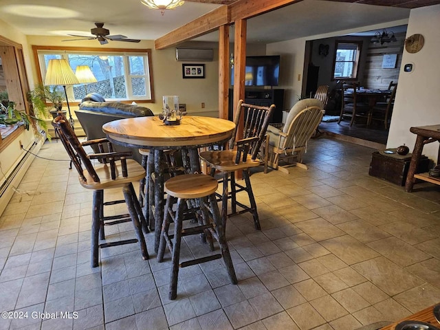 tiled dining room with ceiling fan and a wall mounted air conditioner