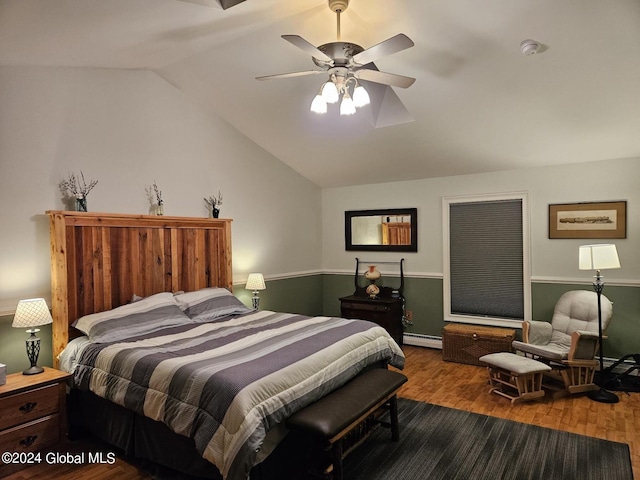 bedroom with dark hardwood / wood-style flooring, ceiling fan, lofted ceiling, and baseboard heating