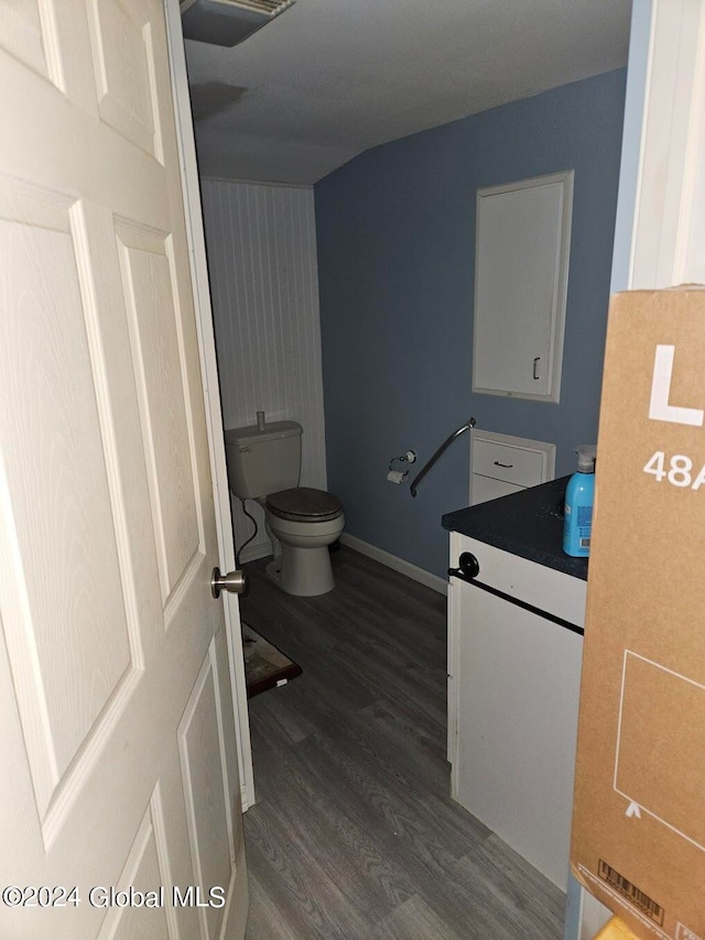 bathroom featuring toilet, vanity, and hardwood / wood-style flooring