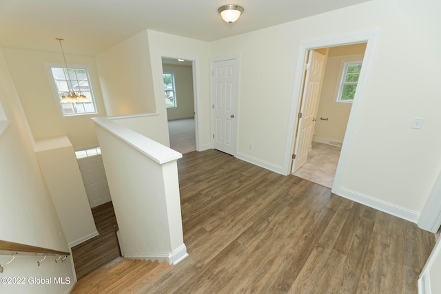 hall with hardwood / wood-style floors, plenty of natural light, and a chandelier