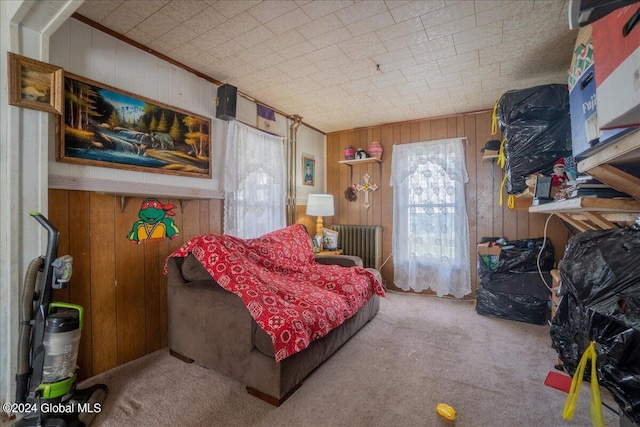 interior space with radiator, light carpet, and wooden walls