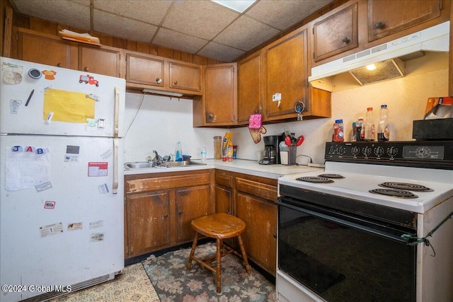 kitchen featuring sink, white appliances, and a paneled ceiling