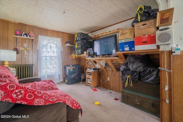 interior space with wooden walls and radiator