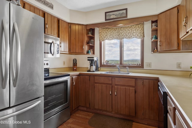 kitchen featuring appliances with stainless steel finishes, dark hardwood / wood-style flooring, and sink