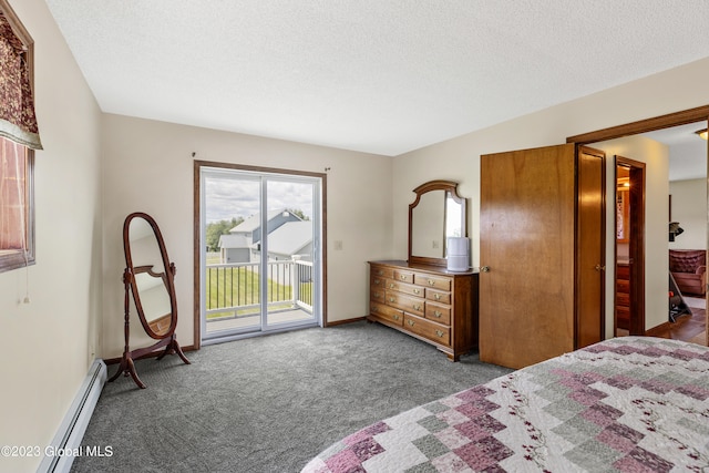 bedroom featuring dark carpet, baseboard heating, access to outside, and a textured ceiling