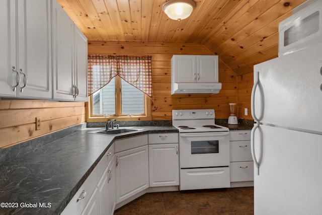 kitchen featuring wooden ceiling, white appliances, and white cabinets