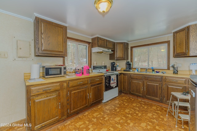 kitchen with white range with electric stovetop, ornamental molding, and light parquet floors