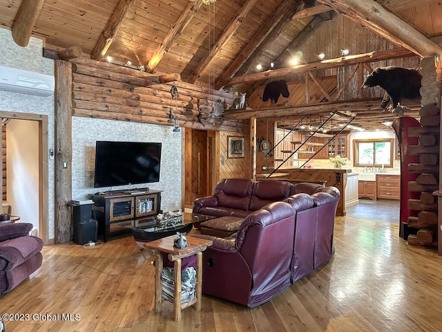 living room with wood ceiling and light wood-type flooring