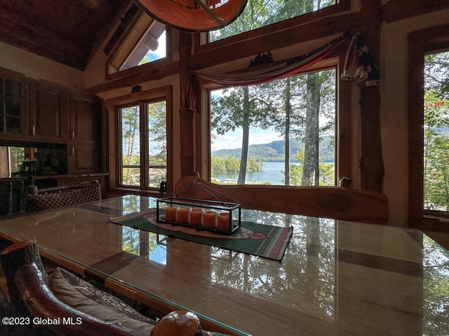 dining area with a healthy amount of sunlight, high vaulted ceiling, and a water and mountain view