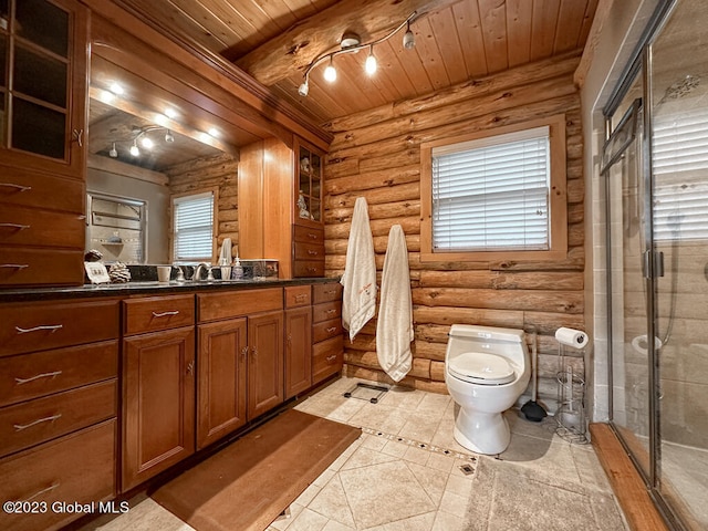 bathroom featuring log walls, wooden ceiling, tile flooring, toilet, and large vanity