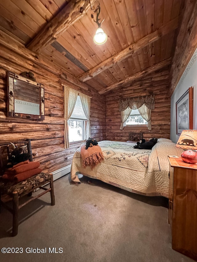 carpeted bedroom featuring log walls, wooden ceiling, and lofted ceiling with beams