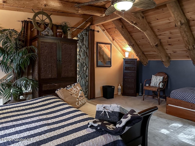 bedroom with lofted ceiling with beams, light carpet, and wood ceiling