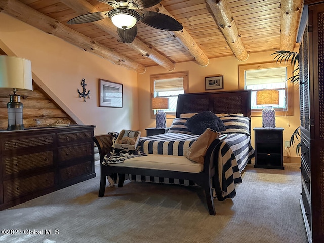 bedroom featuring wooden ceiling, dark colored carpet, and beam ceiling