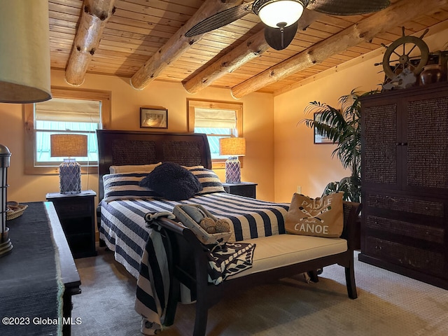 bedroom with wood ceiling, ceiling fan, dark carpet, and beamed ceiling