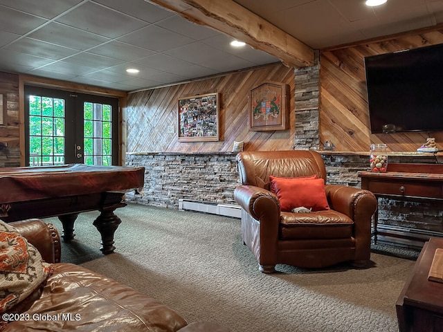 game room featuring wooden walls, french doors, carpet floors, and billiards