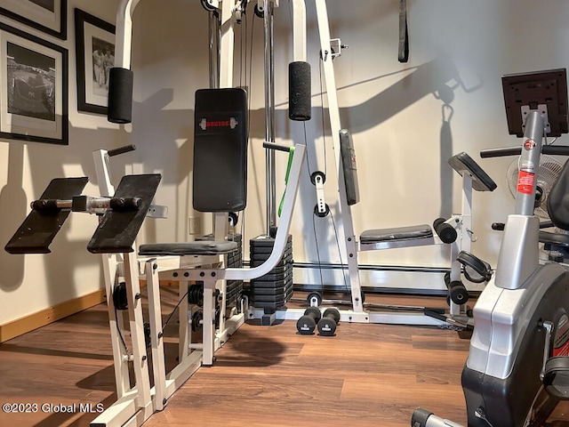 workout area with dark hardwood / wood-style floors