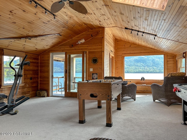 playroom with vaulted ceiling with skylight, wood ceiling, and rail lighting