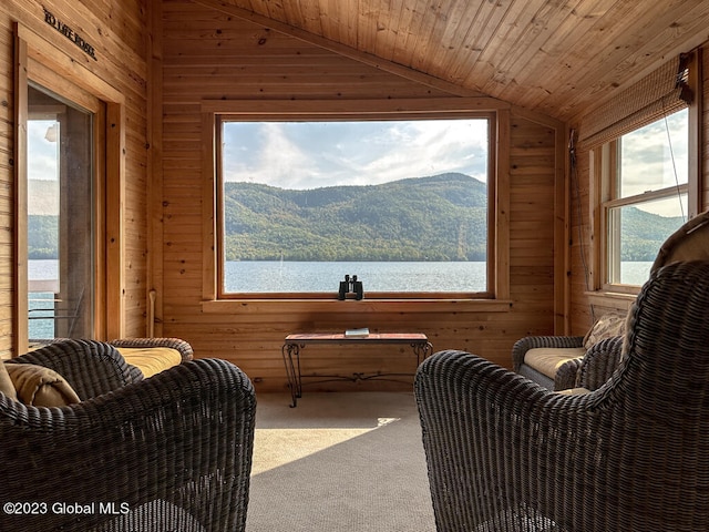 sitting room with lofted ceiling, wood ceiling, a water and mountain view, and a wealth of natural light