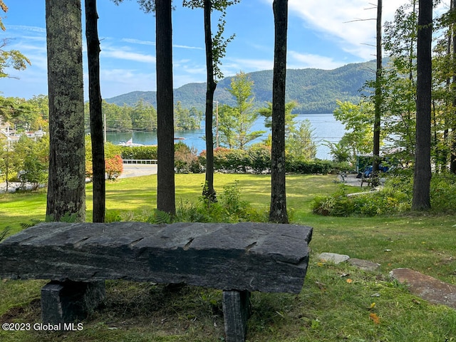 exterior space featuring a water and mountain view and a lawn