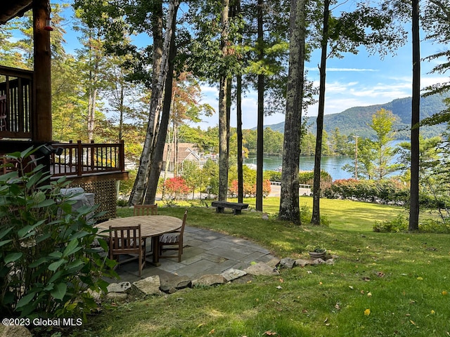 view of yard featuring a deck with water view and a patio area