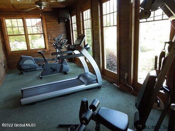 gym with ceiling fan, carpet, and wood walls