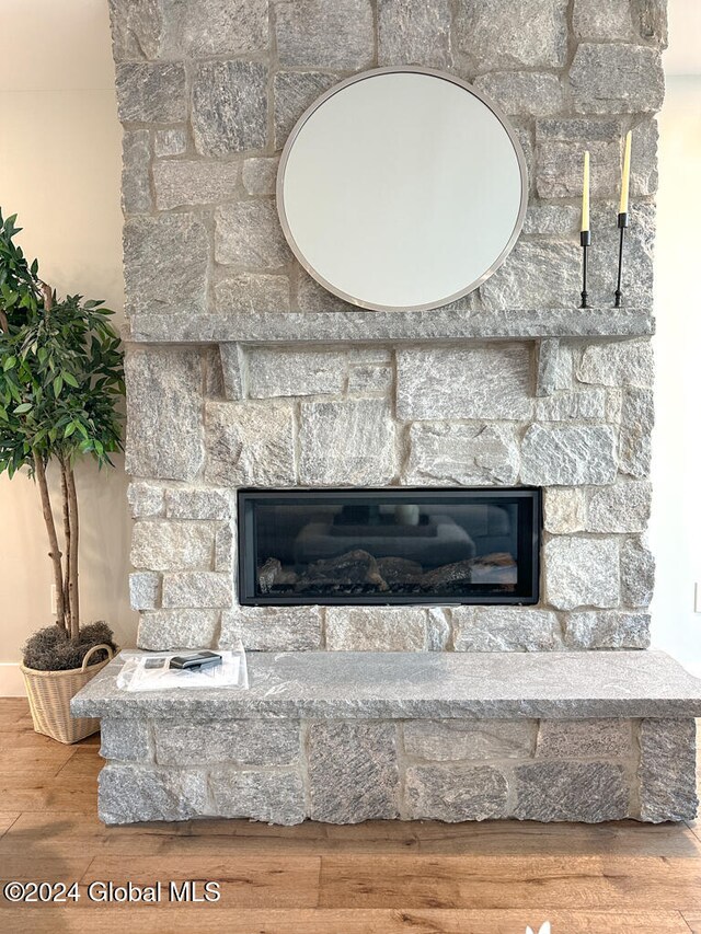 details with hardwood / wood-style flooring and a stone fireplace