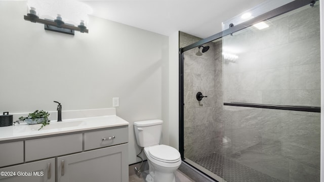 bathroom featuring vanity, toilet, and a shower with door