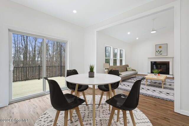 dining room with lofted ceiling, light hardwood / wood-style floors, and ceiling fan