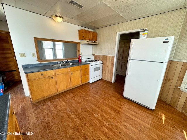 kitchen featuring sink, light wood-type flooring, and white appliances